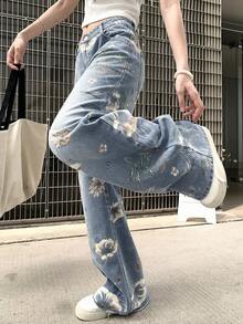 DAZY 女士休闲印花宽松阔腿牛仔裤，适合度假和日常通勤 - 淺色水洗藍 - 查看 6