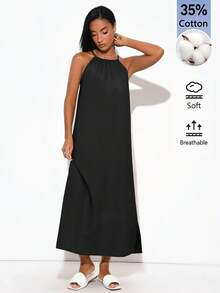 SHEIN BASICS 女款夏季休閒素色細肩帶中長洋裝 - 黑色 - 查看 6