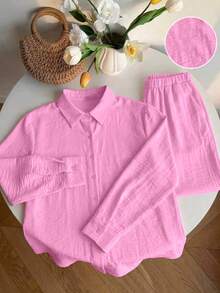 SHEIN EZwear 大尺碼女款素色單排扣長袖襯衫與長褲休閒日常套裝 - 淺粉色 - 查看 3
