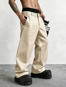 PAVTROS Men's Street Style Crocodile Embossed PU Leather Loose Fit Cargo Pants Wide Leg - Beige - View 3