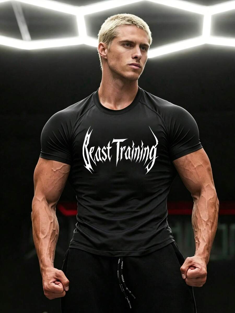GymBeat Camiseta deportiva de manga raglán con gráfico de letras para hombre, adecuada para gimnasio y vacaciones de verano - Negro - Ver 1