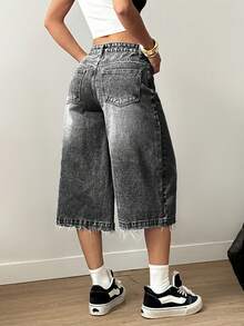 SHEIN EZwear 女款口袋鈕扣休閒百搭日常旅行牛仔短褲 - 黑色 - 查看 2