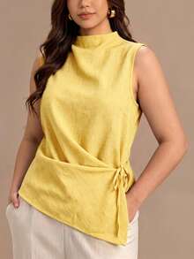 Franclia Damen Lässig Elegant Pendler Abend Formal Ärmellos Kunstleinen Textur Bindung Vorne Plissee Bluse Urlaub Buttergelb Sommer - Gelb - Übersicht 7