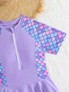 Tween Girl Fish Scale Pattern Print Short Sleeve Ruffle One-Piece Swimsuit - Multicolor - View 4