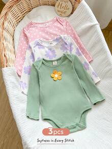 Cozy Pixies Baby Girl Floral Print Knit Soft Round Neck Long Sleeve Autumn Winter Bodysuit 3pcs Pieces Set Versatile Comfortable - Multicolor - View 4
