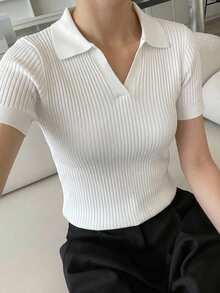 DAZY Women's Slim Fit Ribbed Minimalist Versatile Short Sleeve Knit Top - White - View 2