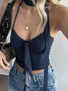 DAZY 夏季秋季掛脖V領波點印花繫帶蝴蝶結修身短版海軍藍緞面女款背心 Y2K - 藏蓝色 - 查看 4
