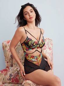 Elorette Elegant Retro Colorful Embroidery Backless Mesh Ruffle Hem Sexy Women Lingerie Jumpsuit - Black - View 4