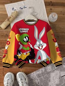 LOONEY TUNES X SHEIN 青少年男孩休闲时尚街头风格可爱卡通字母图案撞色条纹宽松羊毛卫衣，秋冬 - 白色 - 查看 7