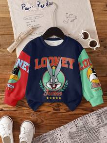 LOONEY TUNES X SHEIN Áo nỉ dài tay cổ tròn in hình hoạt hình và chữ cái phối màu dành cho bé trai - trắng - Xem 5
