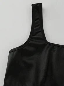 SHEIN PETITE 女款純色方領百褶無袖優雅性感短洋裝，黑色，適合夏日、萬聖節、夜晚外出與派對 - 黑色 - 查看 5