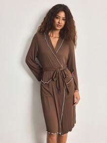 Ocili Comfortable Ribbed Cotton Contrast Color Frill Trim Small Lapel Soft Short Robe, Women Sleepwear Bathrobe - Brown - View 6