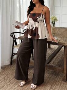 Weeklong Plus Size Women's Spring/Summer Spaghetti Strap Spaghetti Strap Top With Waist Cinched And Ruffle Hem, Matching Color-Block Casual Vacation Set - Multicolor - View 5