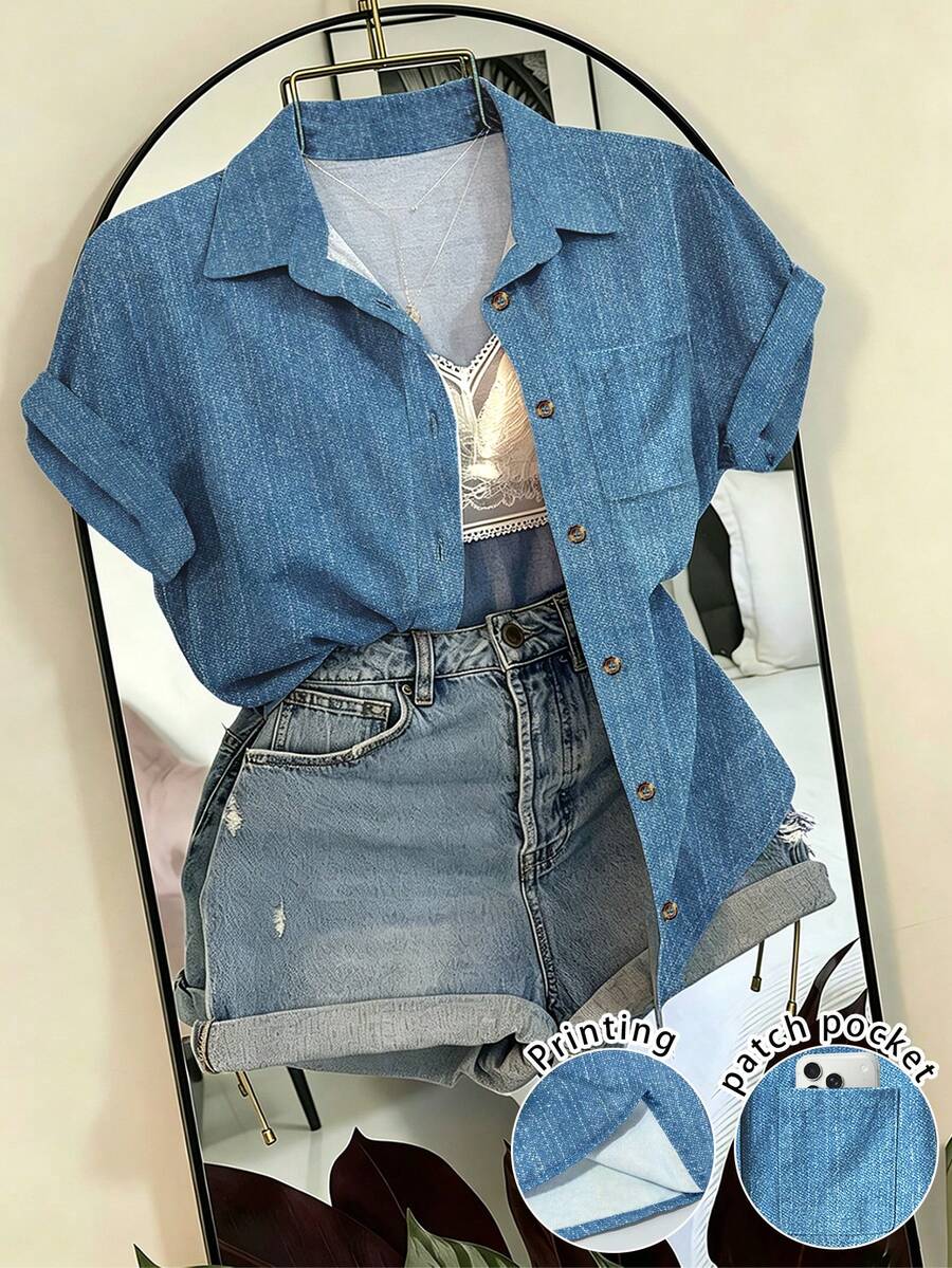 EMERY ROSE Striped Pocket Casual Vacation Front Button Short Sleeve Shirt - Dusty Blue - View 1