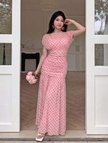Modelyn 粉色薄紗波點壓褶優雅夏季度假法式風格婚禮女裝洋裝 - 粉色 - 查看 8