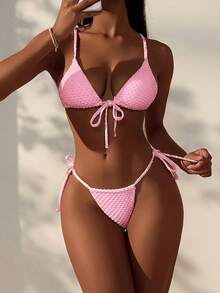 SHEIN Swim 女款夏季海灘純色前綁帶性感時尚比基尼兩件式泳衣套裝 - 粉色 - 查看 4