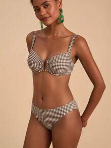 Travachic Bộ bikini 2 mảnh cho nữ size lớn mùa hè đi biển, áo bra cổ cut-out họa tiết kẻ caro và quần bơi - màu nâu - Xem 5