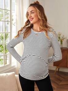 SHEIN Maternity Striped Print Nursing Detail Tee With Long Sleeve World Cup - White - View 9