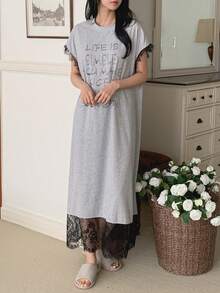 DAZY Lace Patchwork Loose Short Sleeve T-Shirt Dress, Long Casual Dress For Women Summer Pajamas - Light Grey - View 4