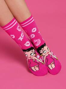Betty Boop x SHEIN 2雙女款可愛卡通角色圖案中筒襪，禮物，XOXO，親吻，愛，禮物靈感，派對，節日，情人節 - 彩色 - 查看 6