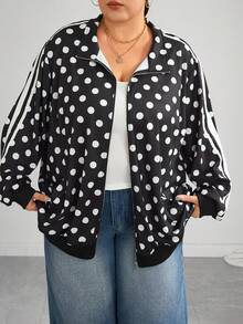 SHEIN CURVE+ 新款極簡波點大尺碼秋季夾克，休閒寬鬆高領單件，2026冬季 22W 時尚週黑色 - 黑色 - 查看 4