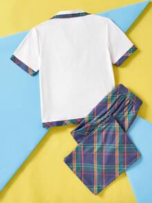 LOONEY TUNES X SHEIN Tween Girl Cartoon Tweety Print Cozy Casual Button Up Top & Plaid Pants 2 Pieces Loungewear Pajamas Set - Olive Green - View 2