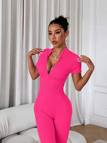 SHEIN Sports 女款拉鍊運動連身褲 - 玫紅色 - 查看 3
