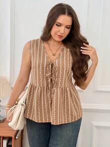 SHEIN LUNE Plus Size Women's V-Neck Striped Color Block Pleated Casual Bohemian Boho Versatile Daily Vacation Outing Shirt White Summer - Khaki - View 5