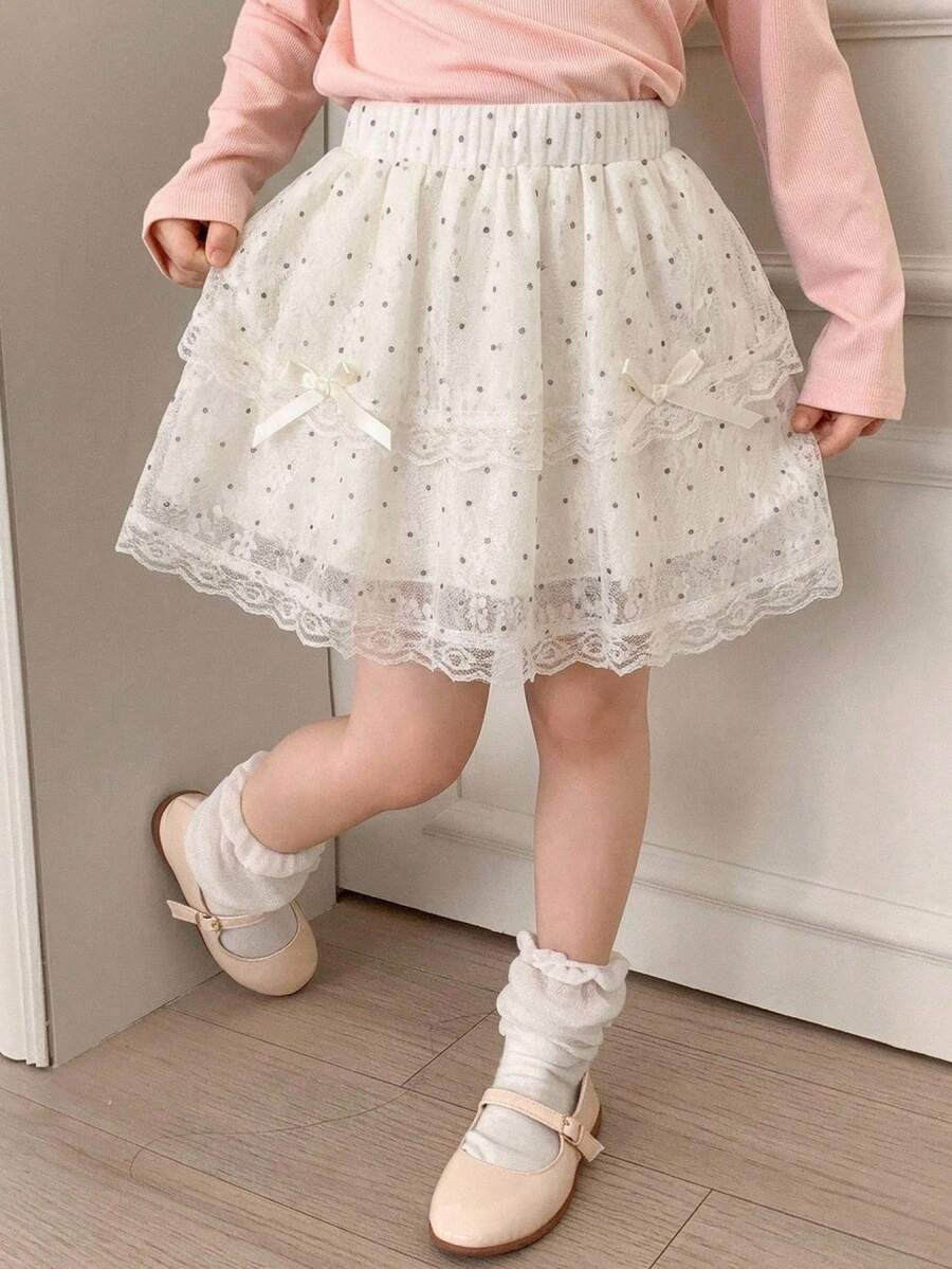 SHEIN Elladie kids 女童蝴蝶結裝飾圓點花卉針織刺繡休閒可愛裙,夏季 - 杏色 - 查看 1