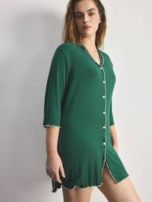 Ocili Ribbed Comfortable Wood Frill Trim Turndown Collar Shell Button Plus Size Nightgown - Dark Green - View 6
