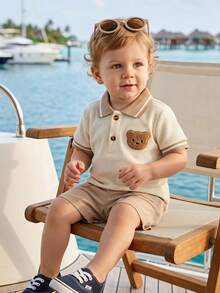 SHEIN Souflis 男嬰春夏季休閒日常外出小紳士學院風 Polo 衫 + 短褲套裝 - 白色 - 查看 2