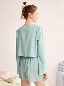 Nora Wilde Eraneu/2pcs Fresh Daisy Print Tie-Up Long Sleeve + Shorts Home Pajama Set Women's Pajama Set - Blue - View 2