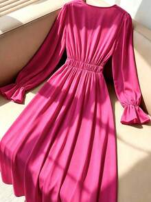 Rometta French Elegant Solid Color V-Neck Long Sleeve A-Line Dress - Hot Pink - View 2