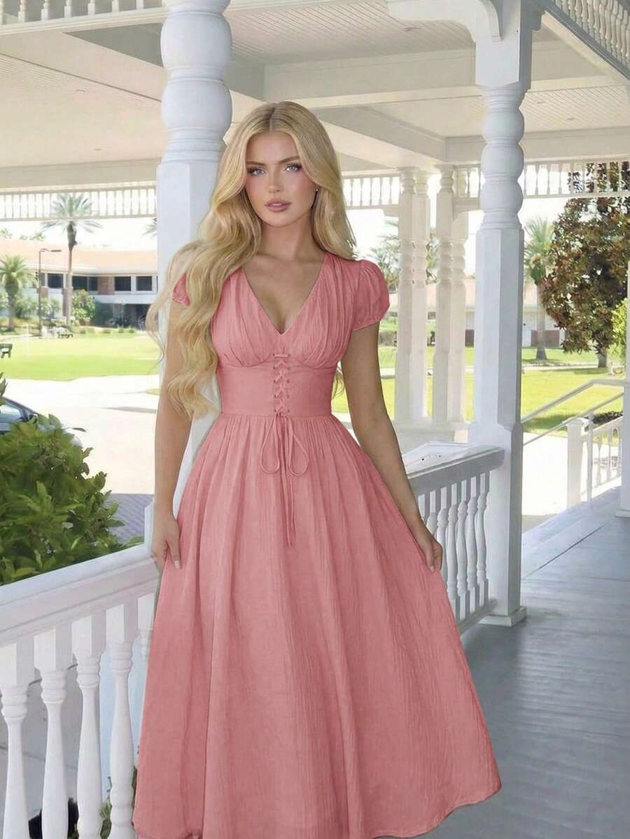 Skyraze Vestido midi elegante y dulce para mujer con mangas abullonadas y cintura anudada - Rosa - Ver 1