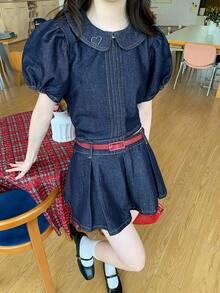 DAZY Women's Collared Washed Korean Style Denim Top And Pleated Skirt Casual Denim Set School Summer - Blue - View 5
