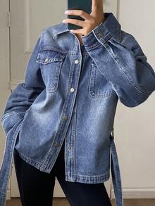 DAZY Women's Loose Fit Waist Tie Adjustable Casual Urban Denim Jacket And Coat - Medium Wash - View 3