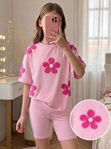 SHEIN Tween Mädchen Tank Tops & Camis Lässig Mode Locker T-Shirt & Eng Biker Shorts 2-Teiler Set, geeignet für den täglichen Gebrauch, Schulanfang, Familientreffen - Pink - Übersicht 1