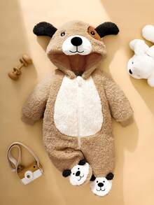 SHEIN Baju Terusan Bayi Baru Lahir Lucu Berbahan Plush Desain Anak Anjing 3D, Lengan Panjang Berkerudung dan Celana Panjang dengan Penutup Kaki - Coklat - View 2
