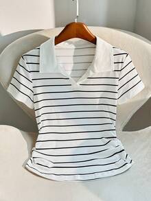 Franclia Women's Summer Casual Striped Short Sleeve T-Shirt - Black and White - View 4