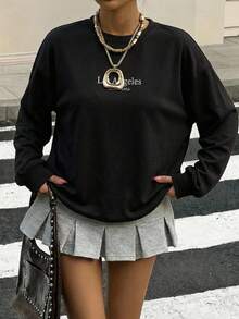Muchica 95%棉女款休閒極簡長袖T恤，秋冬衣飾，寬鬆版型，街頭風，適合日常通勤、約會、聚會，秋冬夏季，聖誕節、新年、感恩節、派對、婚禮、海灘、畢業典禮，時尚優雅休閒，適合外出約會、通勤 - 黑色 - 查看 2