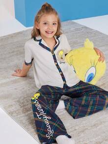 LOONEY TUNES X SHEIN Tween Girl Cartoon Tweety Print Cozy Casual Button Up Top & Plaid Pants 2 Pieces Loungewear Pajamas Set - Olive Green - View 3