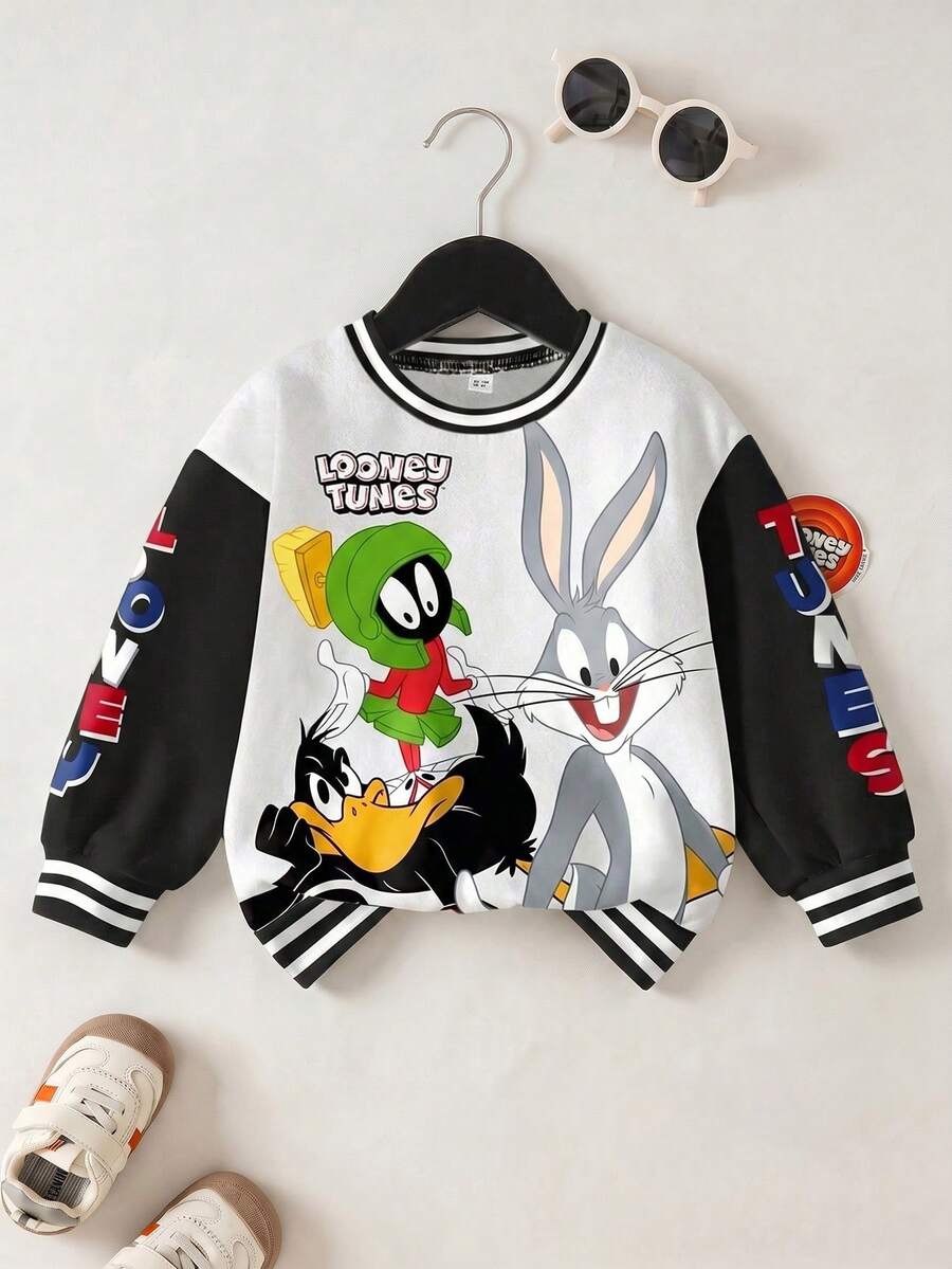 LOONEY TUNES X SHEIN Áo nỉ cổ tròn họa tiết hoạt hình phối màu phong cách thường ngày cho bé trai, thích hợp cho mùa thu. - trắng - Xem 1