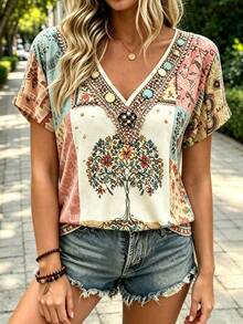 EMERY ROSE Bohemian Style Pink & Brown Floral Embroidered V-Neck T-Shirt, Summer Vacation Casual Short Sleeve Top - Multicolor - View 5