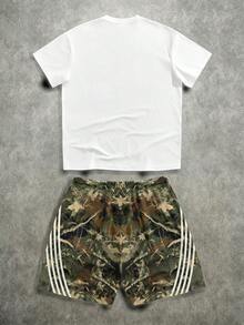 Manfinity ZONE917 Men's Lip Print Short Sleeve T-Shirt And Branch Print Drawstring Waist Shorts Casual Set - Army Green - View 5