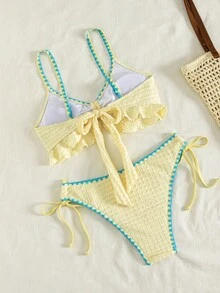 Swim Vcay Setelan Atasan dan Celana Panjang Lurus untuk Liburan Musim Panas di Pantai untuk Wanita, Terbuat dari Kain Khusus Warna Polos dengan Aplikasi Bunga - Kuning - View 2