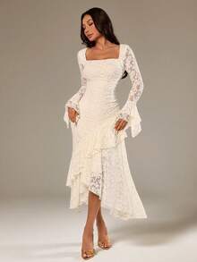 SHEIN PETITE Gaun Maxi Wanita Musim Semi/Panas Motif Bunga Aprikot Polos, Leher Persegi, Lengan Panjang, Hem Asimetris, dan Ruffle, Cocok untuk Pesta Koktail, Kencan Romantis, Pertemuan, Pernikahan, Gaun Pengiring Pengantin, Hari Valentine, Gaun Musim Panas Wanita, Gaun Pesta Teh, Gaun Brunch, Gaun Elegan, Gaun Motif Aprikot, Wanita Bertubuh Mungil - Aprikot - View 4