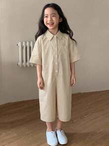 Dazy Kids 女童純色休閒短袖舒適連身褲 夏季 - 卡其色 - 查看 5