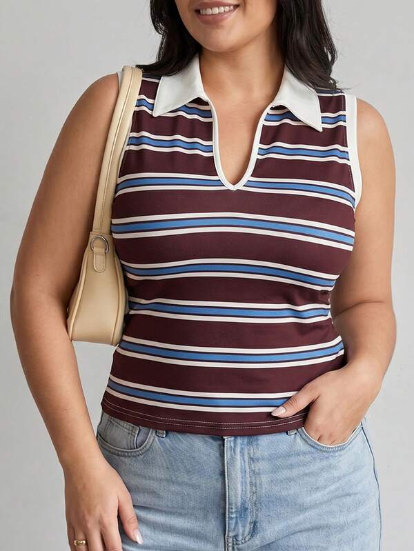 Vionelle Plus Size Women's French Casual Elegant Striped Sleeveless T-Shirt