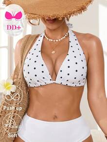 Swim DD+ 女款夏季海灘純色波點印花性感掛脖比基尼上衣 - 白色 - 查看 3