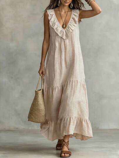 Linhara CURVE Plus Size Woven Casual Resort Sleeveless Fashionable Summer Women's Dress